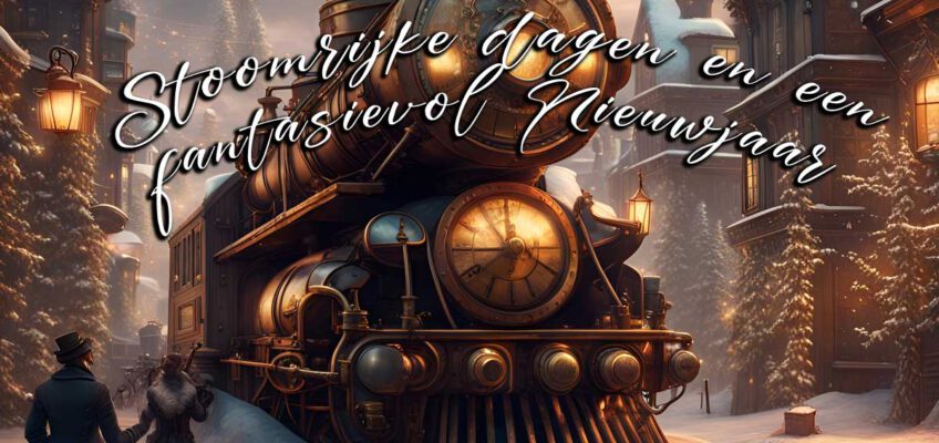 Stoomrijke dagen en een fantasierijk nieuwjaar, 2024. Kerstkaart. Steampunk