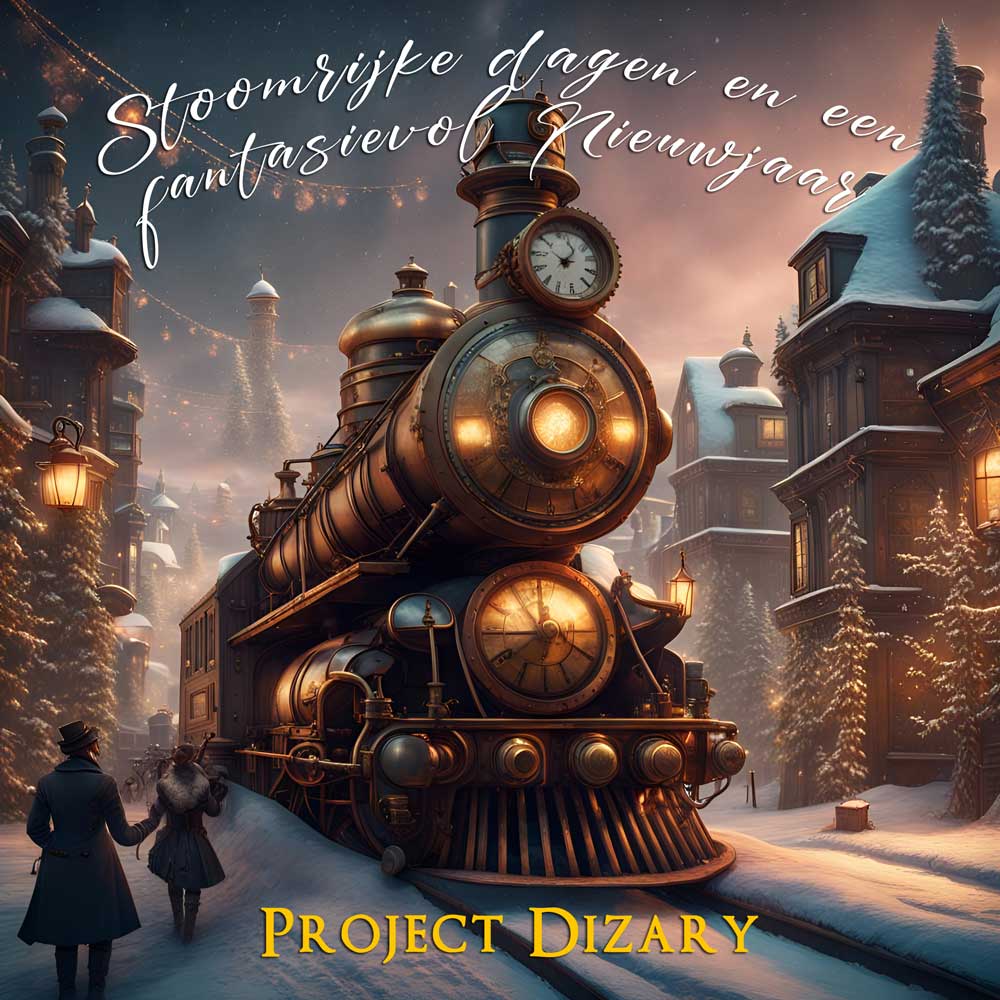 Stoomrijke dagen en een fantasierijk nieuwjaar, 2024. Kerstkaart. Steampunk